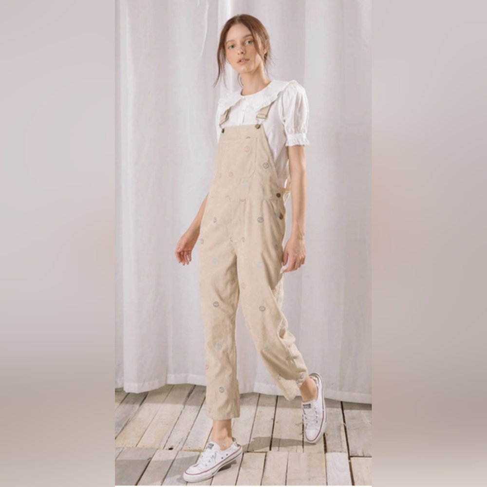 Storia Happy and Sad Face Corduroy Cropped‎ Overalls Size Medium